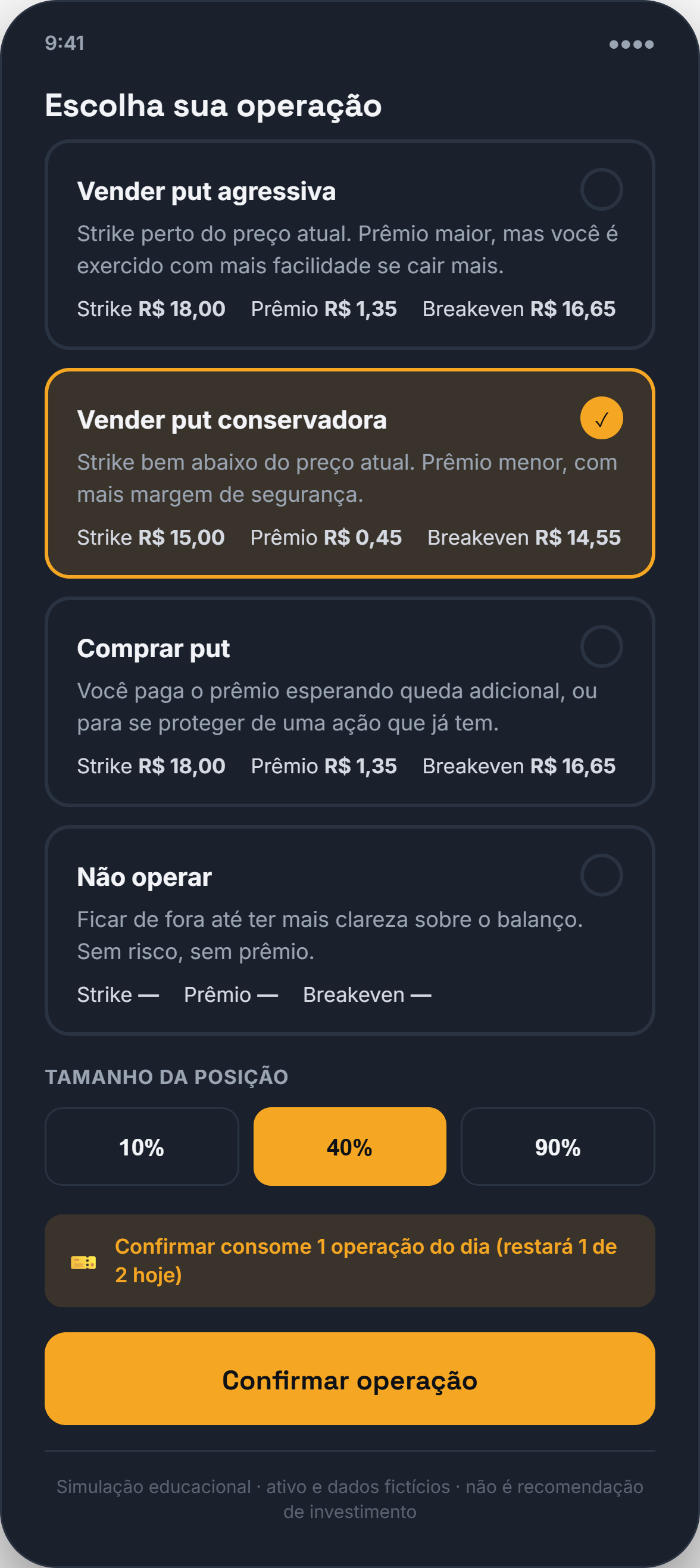 Mockup da tela de decisão do app Strikely